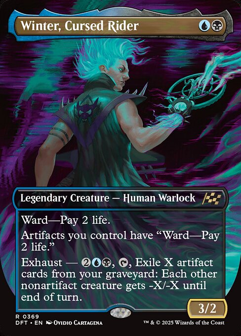 Ward—Pay 2 life.
Artifacts you control have "Ward—Pay 2 life."
Exhaust — {2}{U}{B}, {T}, Exile X artifact cards from your graveyard: Each other nonartifact creature gets -X/-X until end of turn. (Activate each exhaust ability only once.)