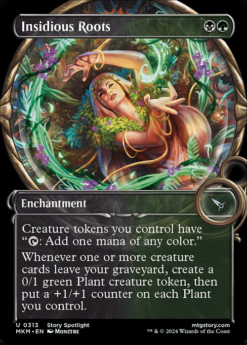 Creature tokens you control have "{T}: Add one mana of any color."
Whenever one or more creature cards leave your graveyard, create a 0/1 green Plant creature token, then put a +1/+1 counter on each Plant you control.