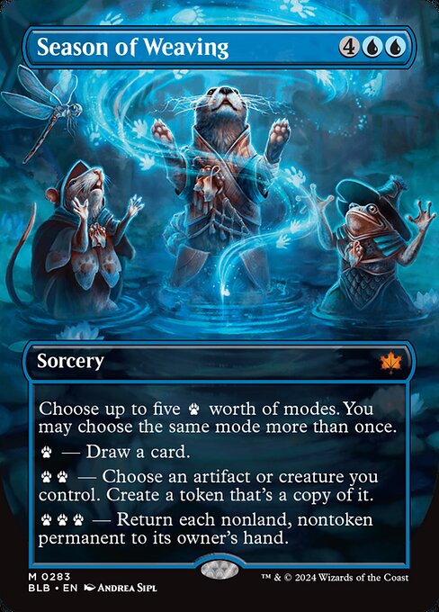 Choose up to five {P} worth of modes. You may choose the same mode more than once.
{P} — Draw a card.
{P}{P} — Choose an artifact or creature you control. Create a token that's a copy of it.
{P}{P}{P} — Return each nonland, nontoken permanent to its owner's hand.