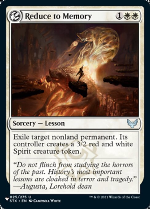 Exile target nonland permanent. Its controller creates a 3/2 red and white Spirit creature token.