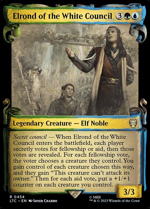 Secret council — When Elrond of the White Council enters the battlefield, each player secretly votes for fellowship or aid, then those votes are revealed. For each fellowship vote, the voter chooses a creature they control. You gain control of each creature chosen this way, and they gain "This creature can't attack its owner." Then for each aid vote, put a +1/+1 counter on each creature you control.