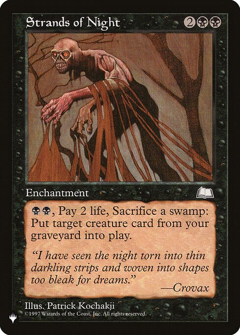{B}{B}, Pay 2 life, Sacrifice a Swamp: Return target creature card from your graveyard to the battlefield.