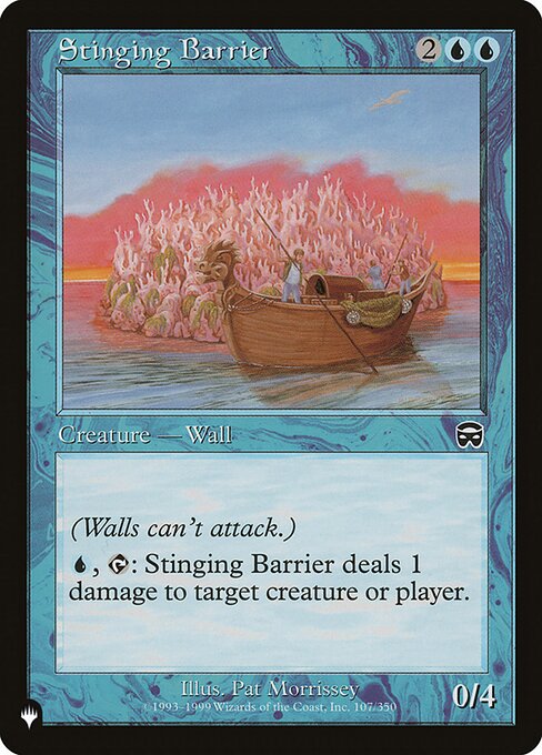 Defender (This creature can't attack.)
{U}, {T}: Stinging Barrier deals 1 damage to any target.