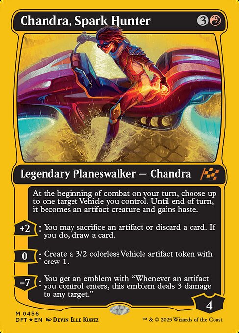 At the beginning of combat on your turn, choose up to one target Vehicle you control. Until end of turn, it becomes an artifact creature and gains haste.
+2: You may sacrifice an artifact or discard a card. If you do, draw a card.
0: Create a 3/2 colorless Vehicle artifact token with crew 1.
−7: You get an emblem with "Whenever an artifact you control enters, this emblem deals 3 damage to any target."