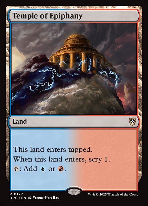This land enters tapped.
When this land enters, scry 1. (Look at the top card of your library. You may put that card on the bottom.)
{T}: Add {U} or {R}.