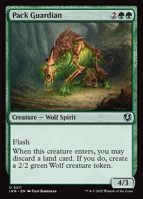 Flash (You may cast this spell any time you could cast an instant.)
When Pack Guardian enters, you may discard a land card. If you do, create a 2/2 green Wolf creature token.