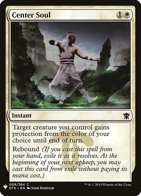 Target creature you control gains protection from the color of your choice until end of turn.
Rebound (If you cast this spell from your hand, exile it as it resolves. At the beginning of your next upkeep, you may cast this card from exile without paying its mana cost.)