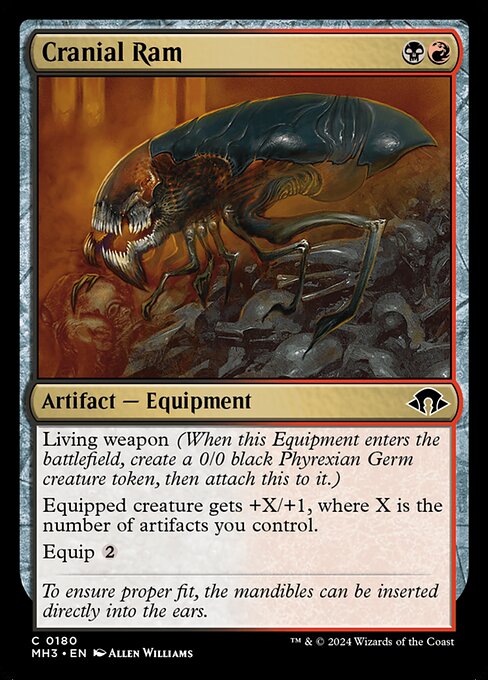 Living weapon (When this Equipment enters the battlefield, create a 0/0 black Phyrexian Germ creature token, then attach this to it.)
Equipped creature gets +X/+1, where X is the number of artifacts you control.
Equip {2}