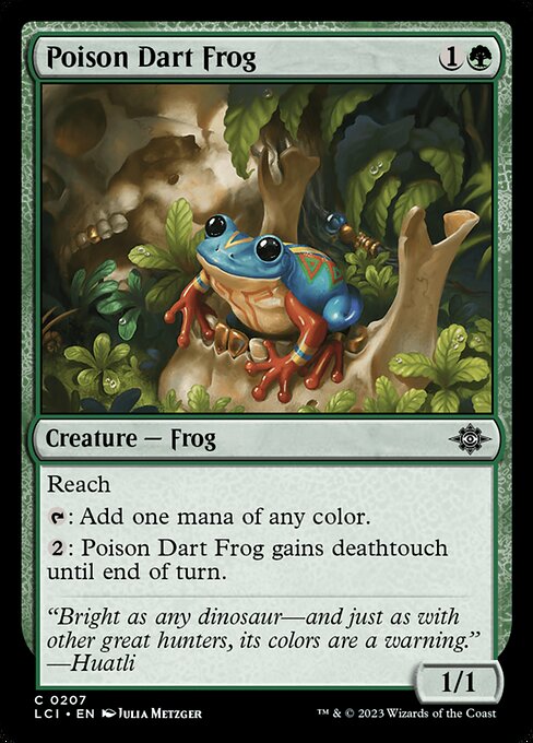 Reach
{T}: Add one mana of any color.
{2}: Poison Dart Frog gains deathtouch until end of turn.