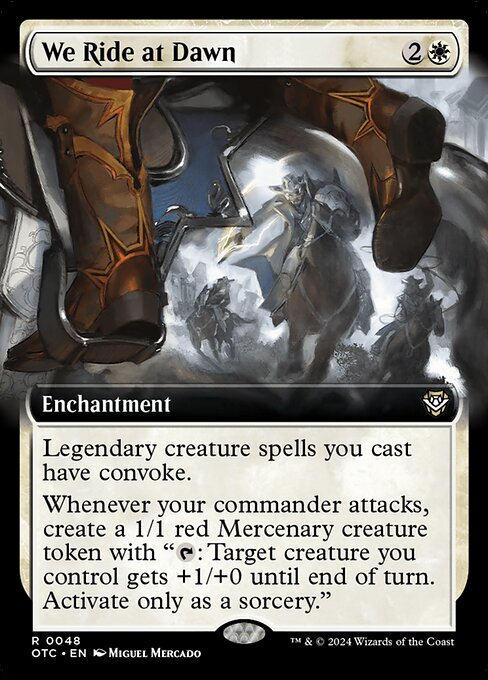 Legendary creature spells you cast have convoke. (Your creatures can help cast those spells. Each creature you tap while casting a legendary creature spell pays for {1} or one mana of that creature's color.)
Whenever your commander attacks, create a 1/1 red Mercenary creature token with "{T}: Target creature you control gets +1/+0 until end of turn. Activate only as a sorcery."