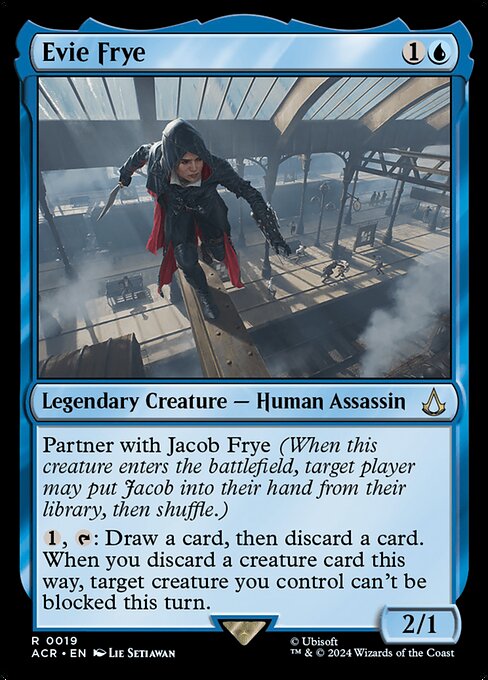 Partner with Jacob Frye (When this creature enters the battlefield, target player may put Jacob into their hand from their library, then shuffle.)
{1}, {T}: Draw a card, then discard a card. When you discard a creature card this way, target creature you control can't be blocked this turn.