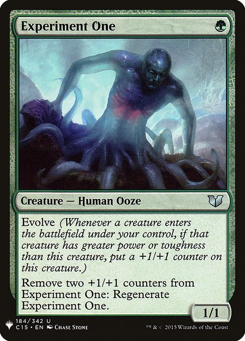 Evolve (Whenever a creature you control enters, if that creature has greater power or toughness than this creature, put a +1/+1 counter on this creature.)
Remove two +1/+1 counters from Experiment One: Regenerate Experiment One. (The next time this creature would be destroyed, instead tap it, remove it from combat, and heal all damage on it.)