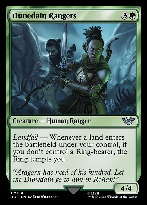 Landfall — Whenever a land enters the battlefield under your control, if you don't control a Ring-bearer, the Ring tempts you.