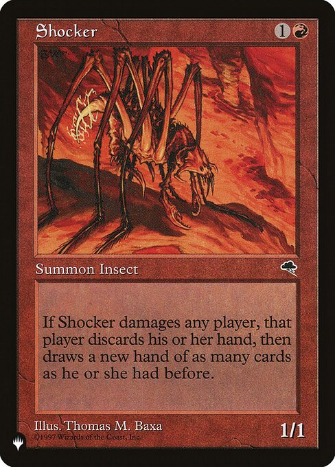 Whenever Shocker deals damage to a player, that player discards all the cards in their hand, then draws that many cards.
