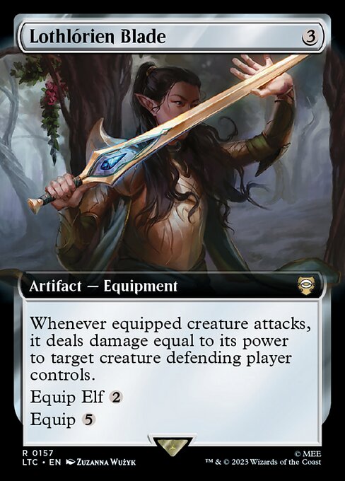 Whenever equipped creature attacks, it deals damage equal to its power to target creature defending player controls.
Equip Elf {2}
Equip {5}