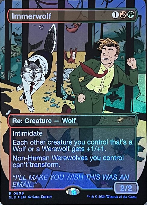 Intimidate (This creature can't be blocked except by artifact creatures and/or creatures that share a color with it.)
Each other creature you control that's a Wolf or a Werewolf gets +1/+1.
Non-Human Werewolves you control can't transform.