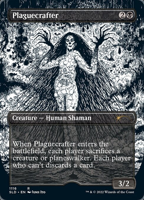 When Plaguecrafter enters the battlefield, each player sacrifices a creature or planeswalker. Each player who can't discards a card.