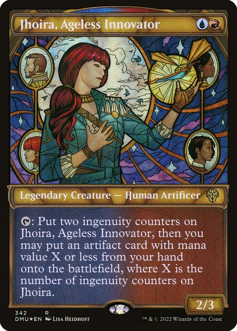 {T}: Put two ingenuity counters on Jhoira, Ageless Innovator, then you may put an artifact card with mana value X or less from your hand onto the battlefield, where X is the number of ingenuity counters on Jhoira.