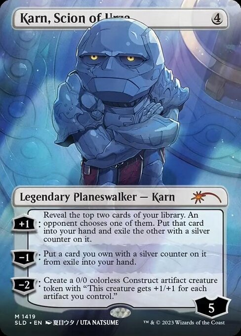 +1: Reveal the top two cards of your library. An opponent chooses one of them. Put that card into your hand and exile the other with a silver counter on it.
−1: Put a card you own with a silver counter on it from exile into your hand.
−2: Create a 0/0 colorless Construct artifact creature token with "This token gets +1/+1 for each artifact you control."