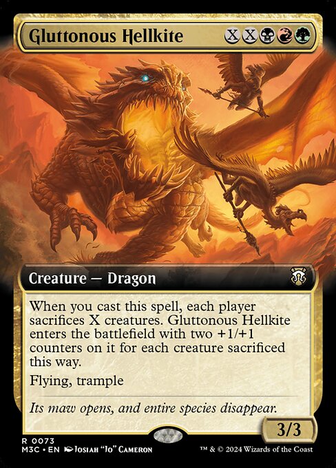 When you cast this spell, each player sacrifices X creatures. Gluttonous Hellkite enters with two +1/+1 counters on it for each creature sacrificed this way.
Flying, trample