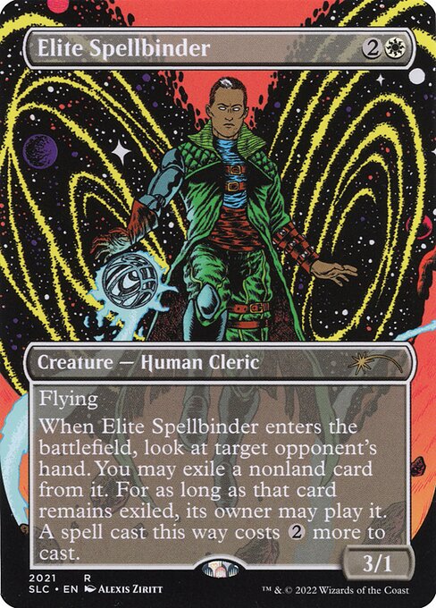 Flying
When Elite Spellbinder enters the battlefield, look at target opponent's hand. You may exile a nonland card from it. For as long as that card remains exiled, its owner may play it. A spell cast this way costs {2} more to cast.