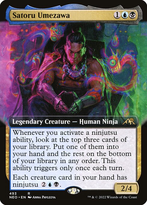 Whenever you activate a ninjutsu ability, look at the top three cards of your library. Put one of them into your hand and the rest on the bottom of your library in any order. This ability triggers only once each turn.
Each creature card in your hand has ninjutsu {2}{U}{B}.
