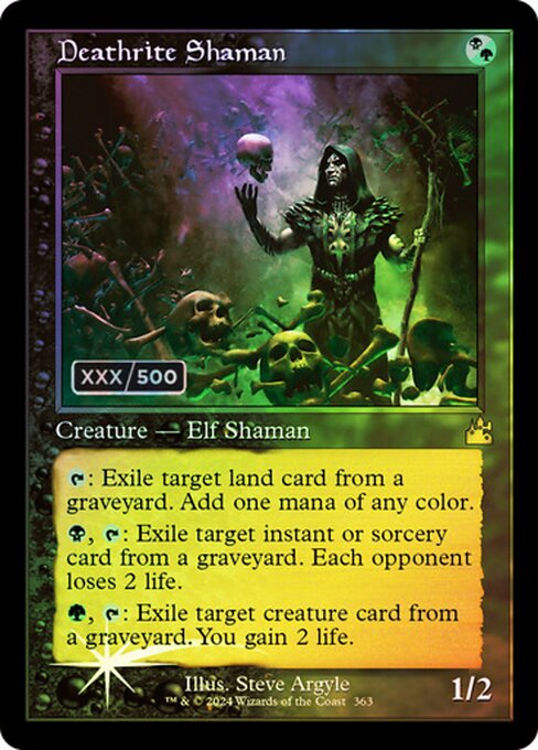 {T}: Exile target land card from a graveyard. Add one mana of any color.
{B}, {T}: Exile target instant or sorcery card from a graveyard. Each opponent loses 2 life.
{G}, {T}: Exile target creature card from a graveyard. You gain 2 life.