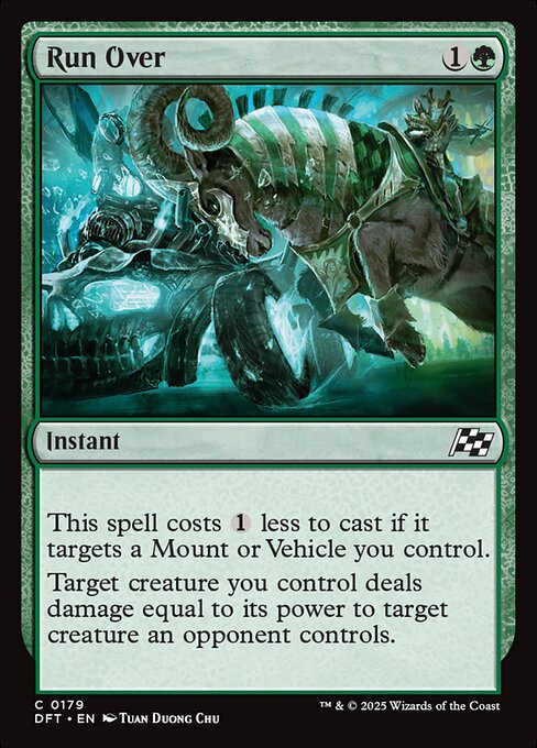 This spell costs {1} less to cast if it targets a Mount or Vehicle you control.
Target creature you control deals damage equal to its power to target creature an opponent controls.