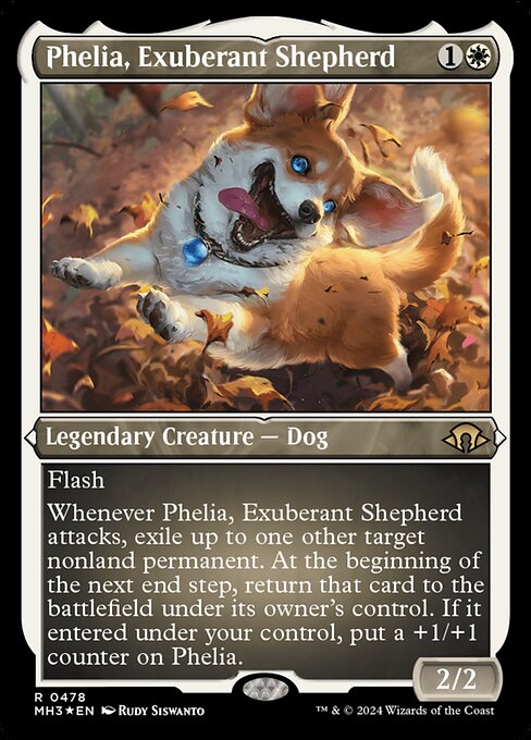 Flash
Whenever Phelia, Exuberant Shepherd attacks, exile up to one other target nonland permanent. At the beginning of the next end step, return that card to the battlefield under its owner's control. If it entered under your control, put a +1/+1 counter on Phelia.