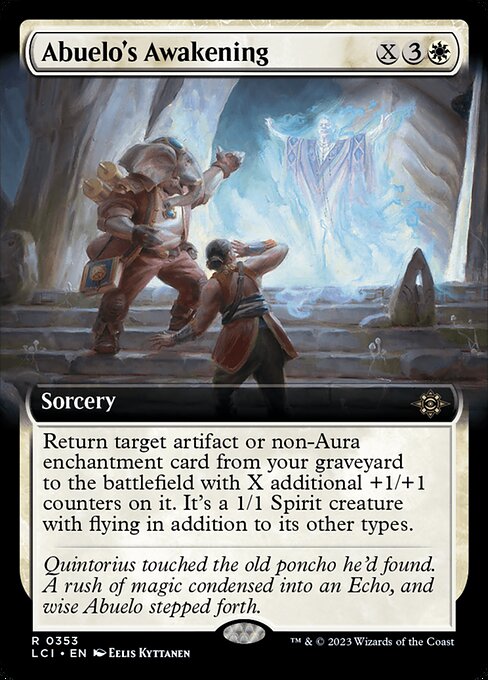 Return target artifact or non-Aura enchantment card from your graveyard to the battlefield with X additional +1/+1 counters on it. It's a 1/1 Spirit creature with flying in addition to its other types.