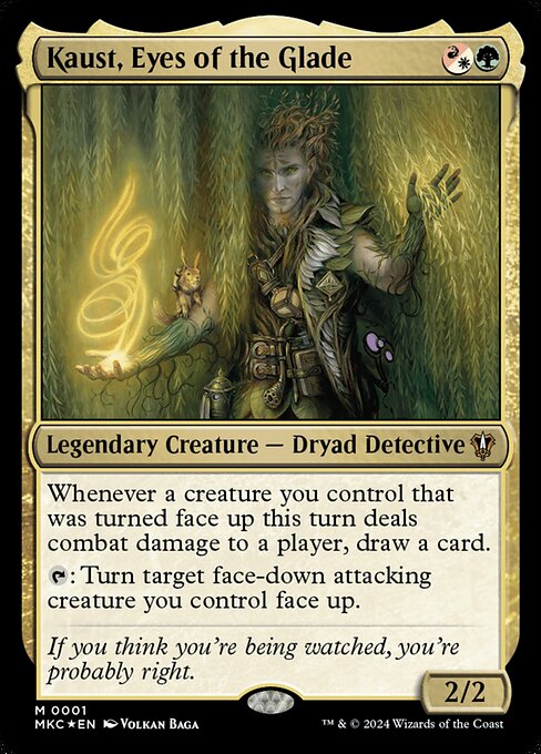 Whenever a creature you control that was turned face up this turn deals combat damage to a player, draw a card.
{T}: Turn target face-down attacking creature you control face up.
