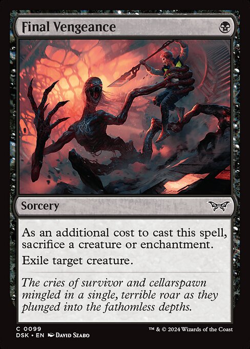 As an additional cost to cast this spell, sacrifice a creature or enchantment.
Exile target creature.