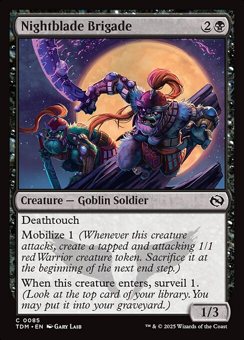Deathtouch
Mobilize 1 (Whenever this creature attacks, create a tapped and attacking 1/1 red Warrior creature token. Sacrifice it at the beginning of the next end step.)
When this creature enters, surveil 1. (Look at the top card of your library. You may put it into your graveyard.)