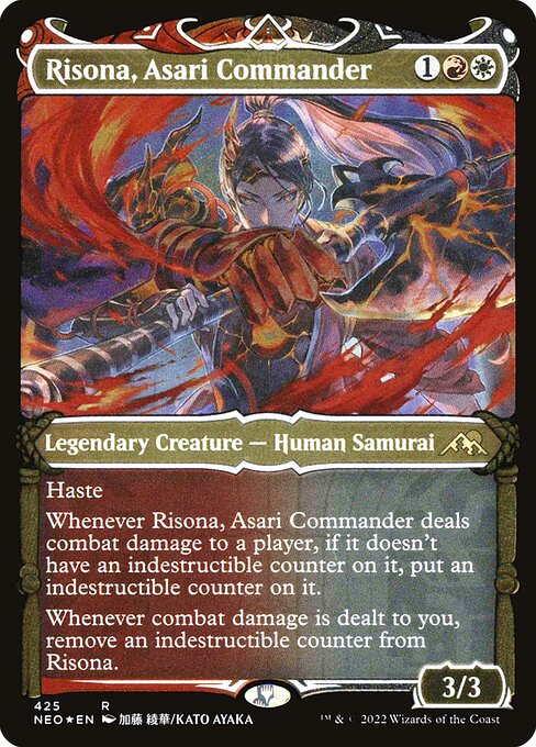 Haste
Whenever Risona, Asari Commander deals combat damage to a player, if it doesn't have an indestructible counter on it, put an indestructible counter on it.
Whenever combat damage is dealt to you, remove an indestructible counter from Risona.