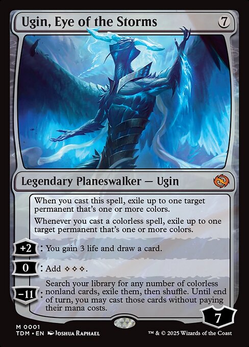 When you cast this spell, exile up to one target permanent that's one or more colors.
Whenever you cast a colorless spell, exile up to one target permanent that's one or more colors.
+2: You gain 3 life and draw a card.
0: Add {C}{C}{C}.
−11: Search your library for any number of colorless nonland cards, exile them, then shuffle. Until end of turn, you may cast those cards without paying their mana costs.