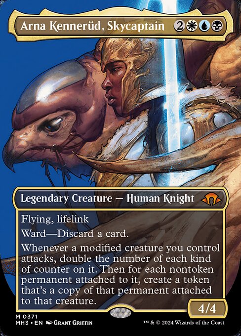 Flying, lifelink
Ward—Discard a card.
Whenever a modified creature you control attacks, double the number of each kind of counter on it. Then for each nontoken permanent attached to it, create a token that's a copy of that permanent attached to that creature.