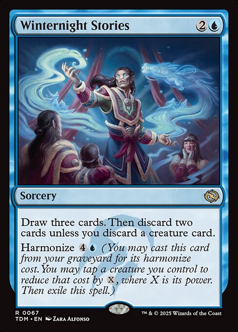 Draw three cards. Then discard two cards unless you discard a creature card.
Harmonize {4}{U} (You may cast this card from your graveyard for its harmonize cost. You may tap a creature you control to reduce that cost by {X}, where X is its power. Then exile this spell.)