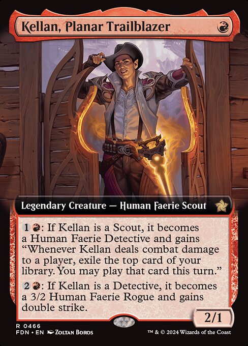 {1}{R}: If Kellan is a Scout, it becomes a Human Faerie Detective and gains "Whenever Kellan deals combat damage to a player, exile the top card of your library. You may play that card this turn."
{2}{R}: If Kellan is a Detective, it becomes a 3/2 Human Faerie Rogue and gains double strike.