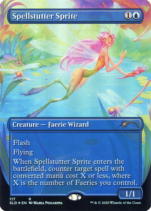 Flash
Flying
When Spellstutter Sprite enters the battlefield, counter target spell with mana value X or less, where X is the number of Faeries you control.