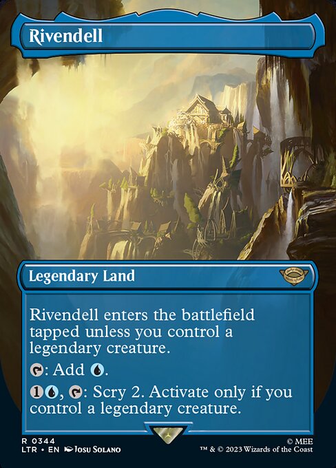 Rivendell enters the battlefield tapped unless you control a legendary creature.
{T}: Add {U}.
{1}{U}, {T}: Scry 2. Activate only if you control a legendary creature.