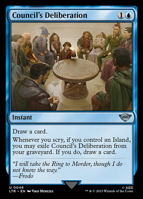 Draw a card.
Whenever you scry, if you control an Island, you may exile Council's Deliberation from your graveyard. If you do, draw a card.