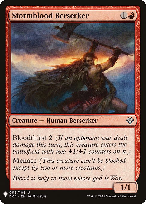 Bloodthirst 2 (If an opponent was dealt damage this turn, this creature enters with two +1/+1 counters on it.)
Menace (This creature can't be blocked except by two or more creatures.)