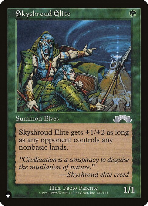 Skyshroud Elite gets +1/+2 as long as an opponent controls a nonbasic land.