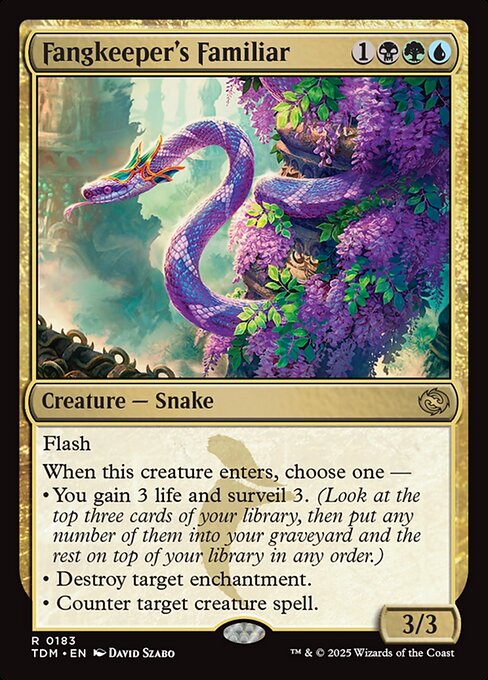 Flash
When this creature enters, choose one —
• You gain 3 life and surveil 3. (Look at the top three cards of your library, then put any number of them into your graveyard and the rest on top of your library in any order.)
• Destroy target enchantment.
• Counter target creature spell.