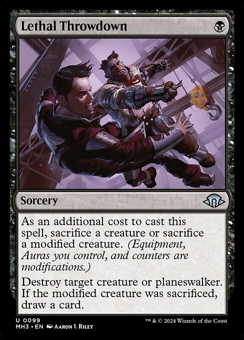 As an additional cost to cast this spell, sacrifice a creature or sacrifice a modified creature. (Equipment, Auras you control, and counters are modifications.)
Destroy target creature or planeswalker. If the modified creature was sacrificed, draw a card.