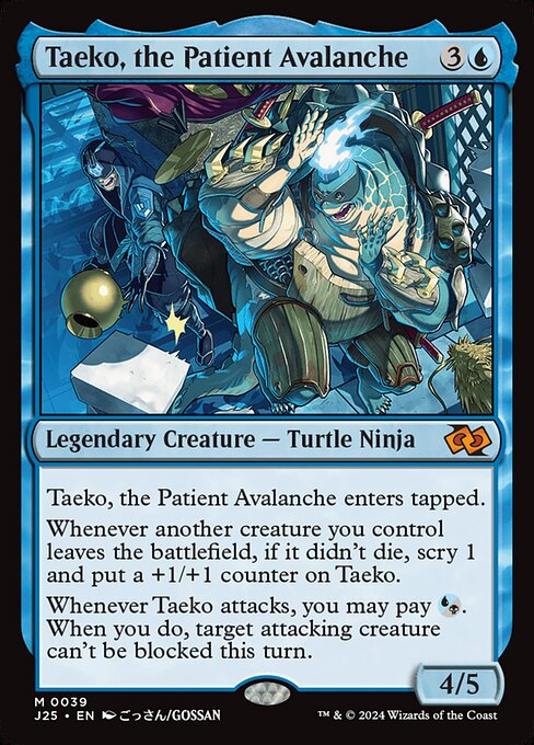 Taeko, the Patient Avalanche enters tapped.
Whenever another creature you control leaves the battlefield, if it didn't die, scry 1 and put a +1/+1 counter on Taeko.
Whenever Taeko attacks, you may pay {U/B}. When you do, target attacking creature can't be blocked this turn.