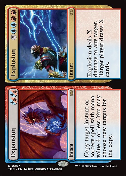 Copy target instant or sorcery spell with mana value 4 or less. You may choose new targets for the copy.   Explosion deals X damage to any target. Target player draws X cards.