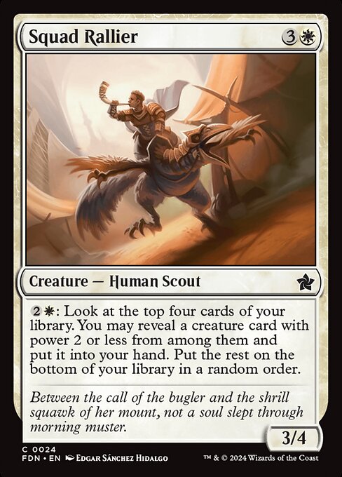 {2}{W}: Look at the top four cards of your library. You may reveal a creature card with power 2 or less from among them and put it into your hand. Put the rest on the bottom of your library in a random order.