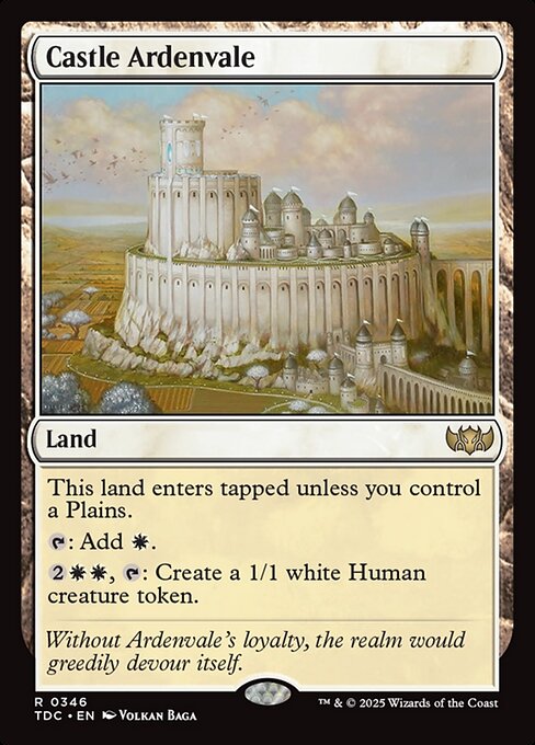 This land enters tapped unless you control a Plains.
{T}: Add {W}.
{2}{W}{W}, {T}: Create a 1/1 white Human creature token.