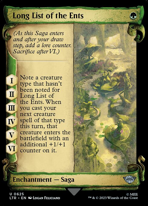 (As this Saga enters and after your draw step, add a lore counter. Sacrifice after VI.)
I, II, III, IV, V, VI — Note a creature type that hasn't been noted for Long List of the Ents. When you next cast a creature spell of that type this turn, that creature enters the battlefield with an additional +1/+1 counter on it.